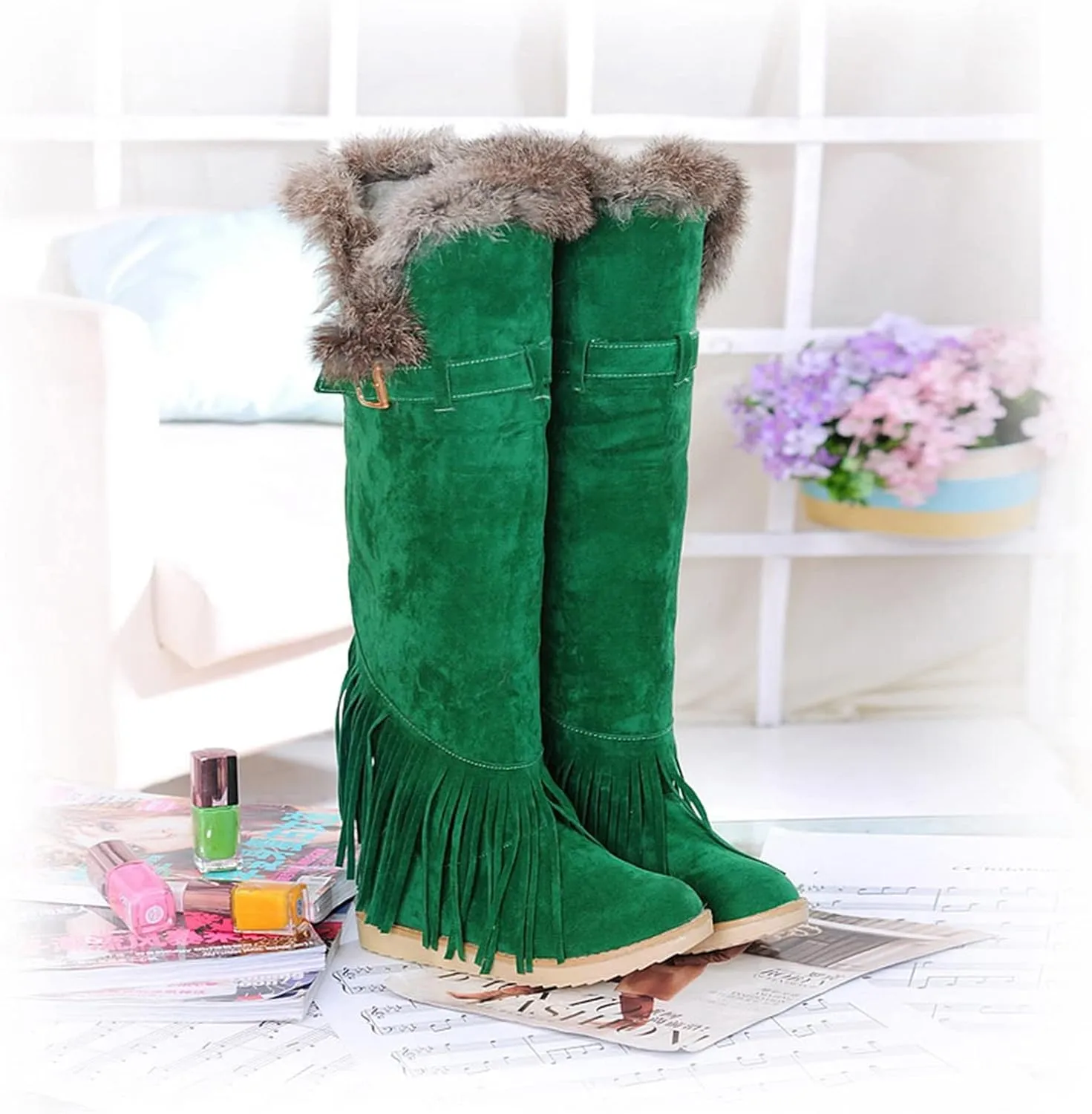 2021 Women's Shoes Breathable Flats Suede Tassel Pure Colors Thermal Winter FashionThigh Boots