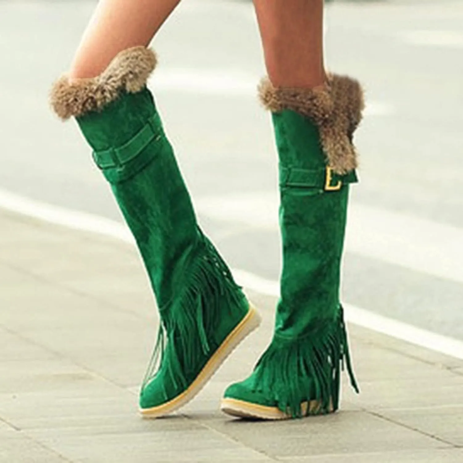 2021 Women's Shoes Breathable Flats Suede Tassel Pure Colors Thermal Winter FashionThigh Boots