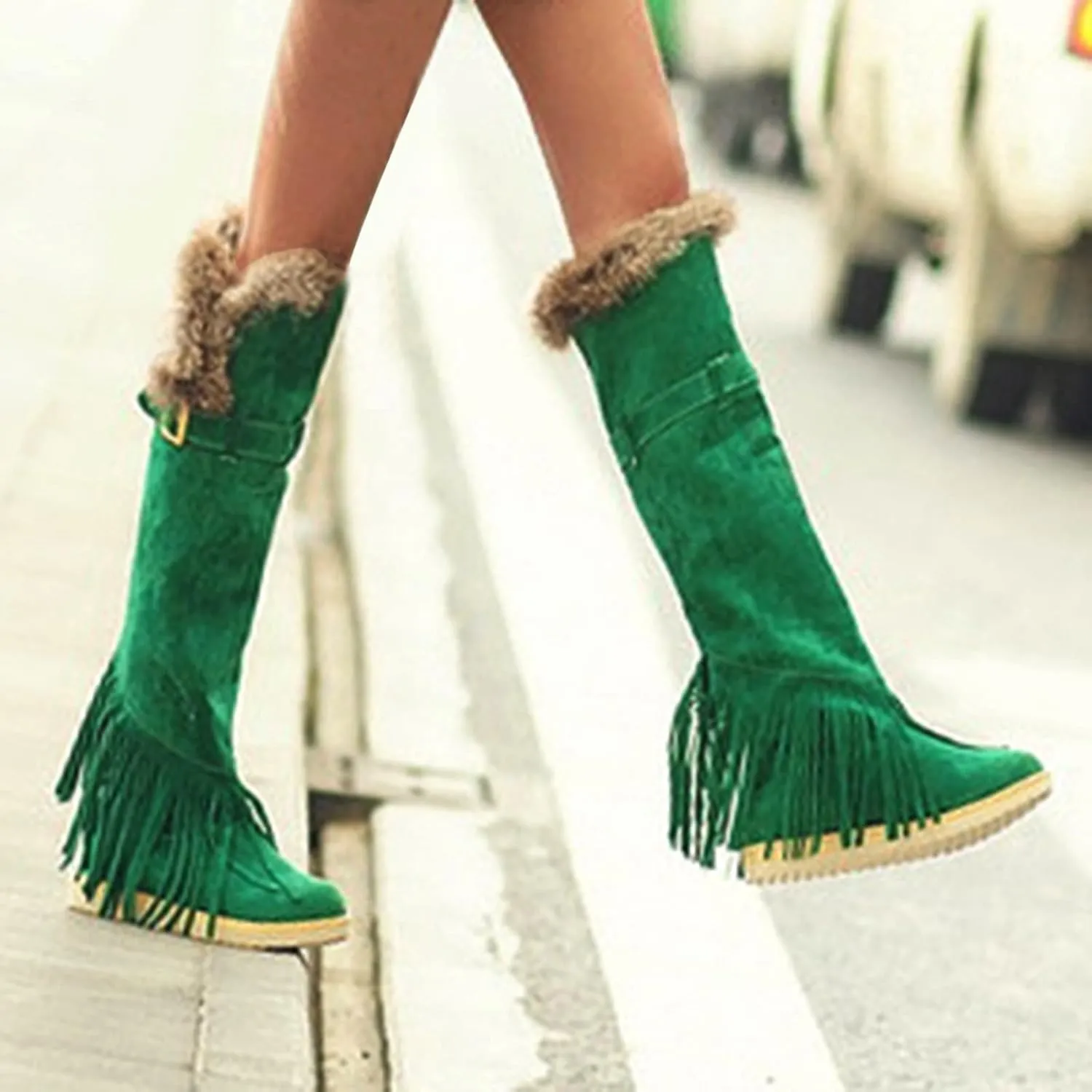 2021 Women's Shoes Breathable Flats Suede Tassel Pure Colors Thermal Winter FashionThigh Boots