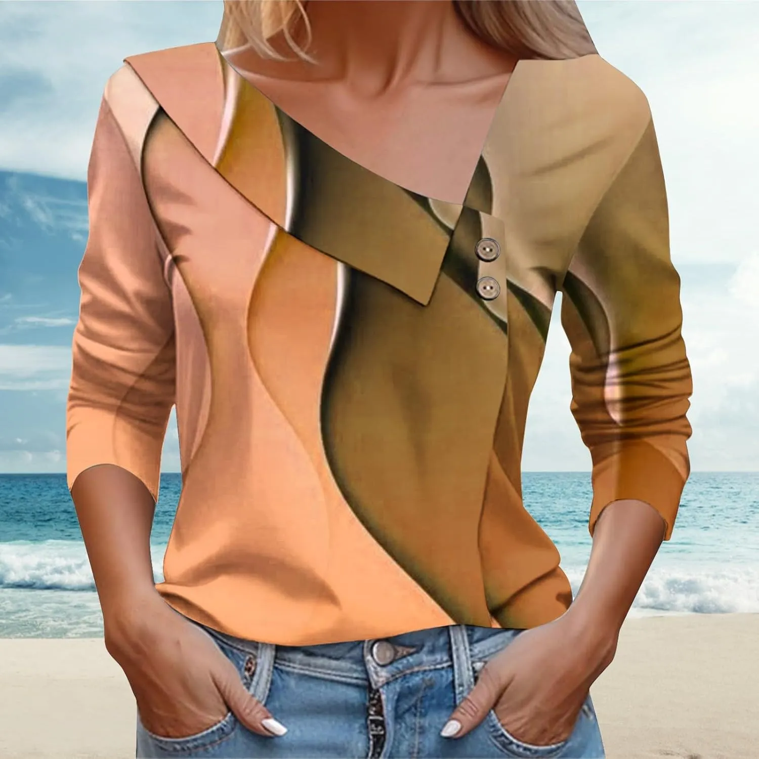 2025 Spring Shirt for Women Trendy Asymmetric Collar Regular Work Business Blouses 3/4 Sleeve Floral Print Casual Tee