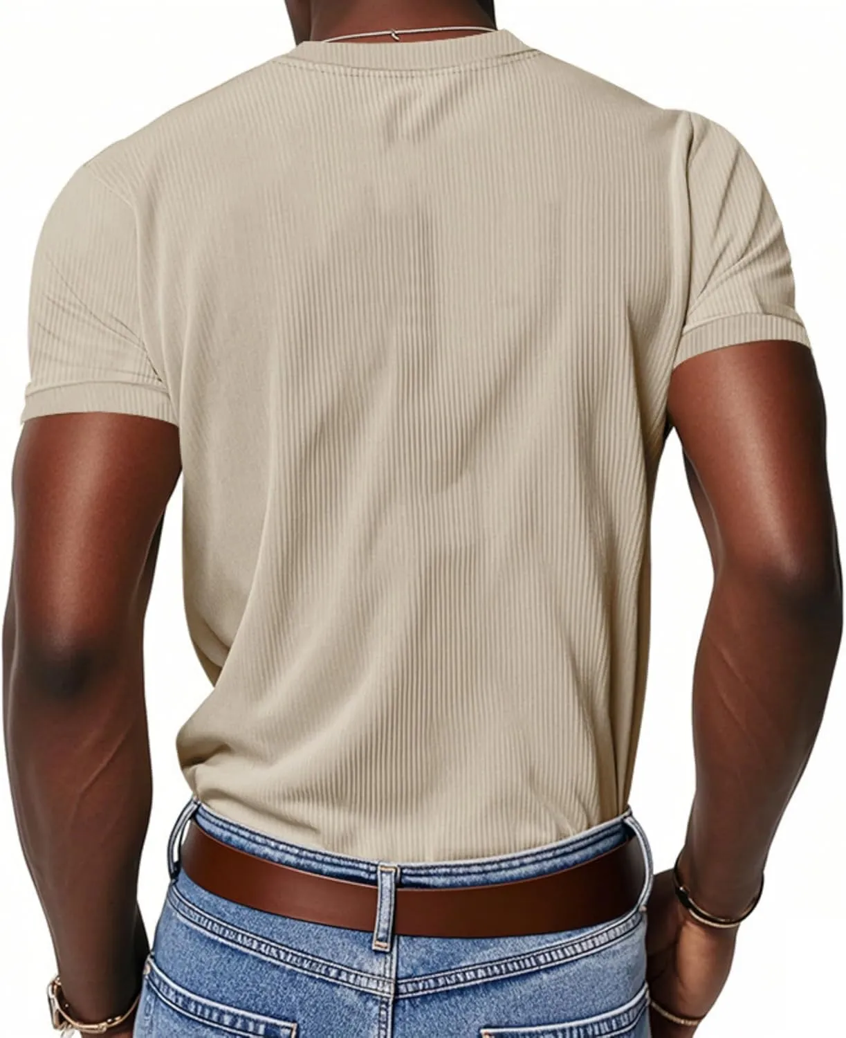 2025 Summer Short Sleeve T-Shirts for Men V Neck Corduroy Shirts Ribbed Knit Blouses Casual Business Tops