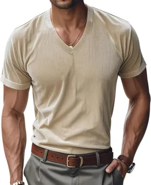 2025 Summer Short Sleeve T-Shirts for Men V Neck Corduroy Shirts Ribbed Knit Blouses Casual Business Tops