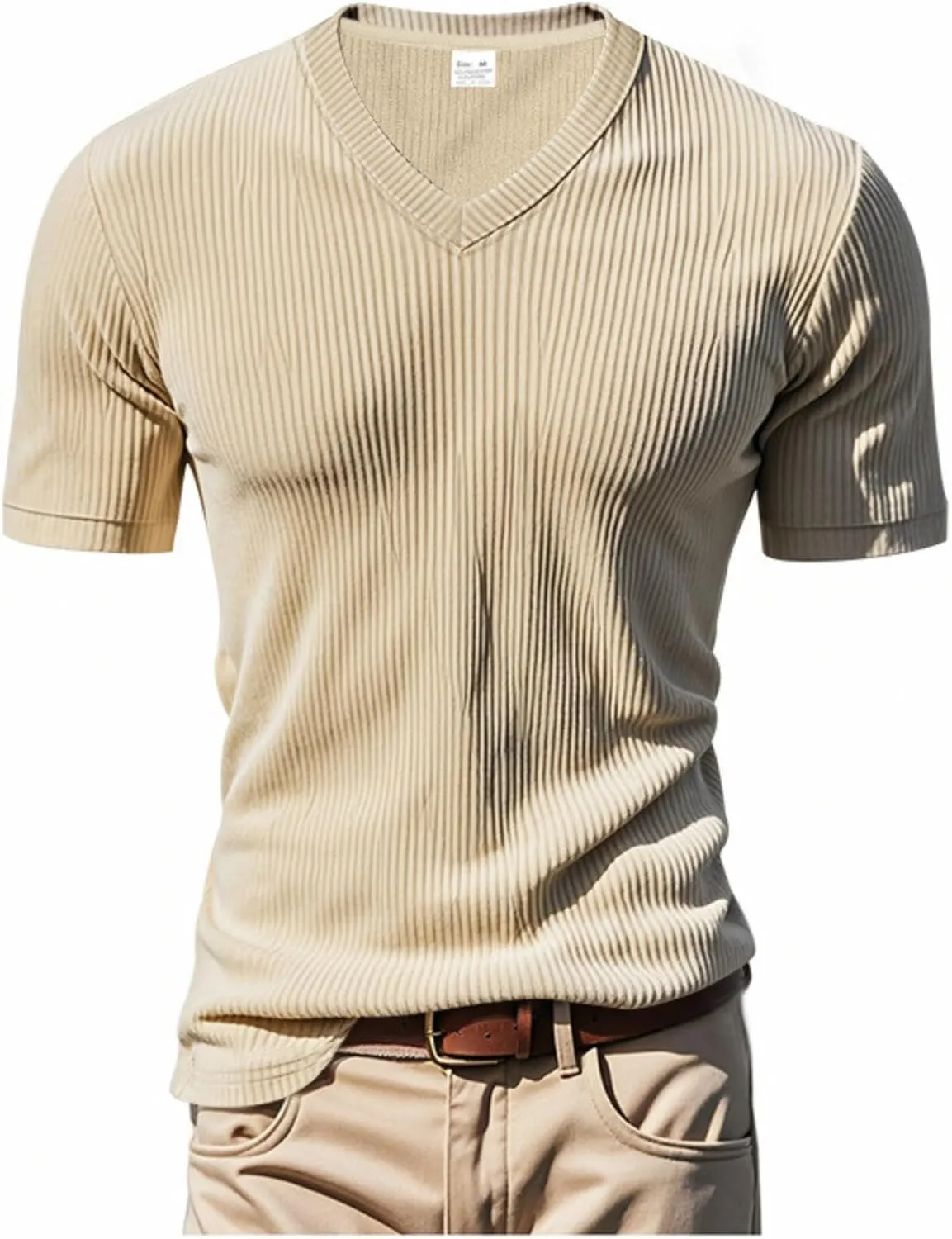 2025 Summer Short Sleeve T-Shirts for Men V Neck Corduroy Shirts Ribbed Knit Blouses Casual Business Tops