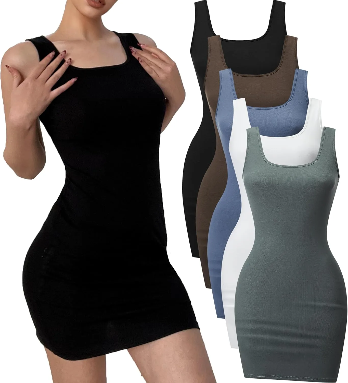 5 Piece Women Sleeveless Tank Dresses Square Neck Slim Fit Short Casual Bodycon Party Club Mini Dress