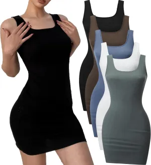 5 Piece Women Sleeveless Tank Dresses Square Neck Slim Fit Short Casual Bodycon Party Club Mini Dress