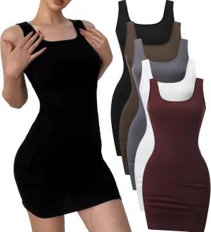 5 Piece Women Sleeveless Tank Dresses Square Neck Slim Fit Short Casual Bodycon Party Club Mini Dress