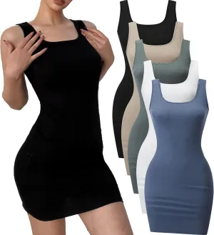 5 Piece Women Sleeveless Tank Dresses Square Neck Slim Fit Short Casual Bodycon Party Club Mini Dress