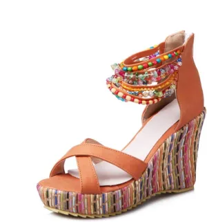 Aflngle Women's Wedges Open Peep Toe Slope Sandals Platform High Heels Thick-Soled Back Zipper Espadrilles Fashion Bohemian Ethnic Summer Casual Sandal Shoes