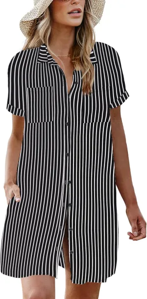 AI'MAGE Womens Bathing Suit Cover Ups Summer Shirt Dress Casual Short Sleeve Button Down Beach Shirts with Pockets S-XXL