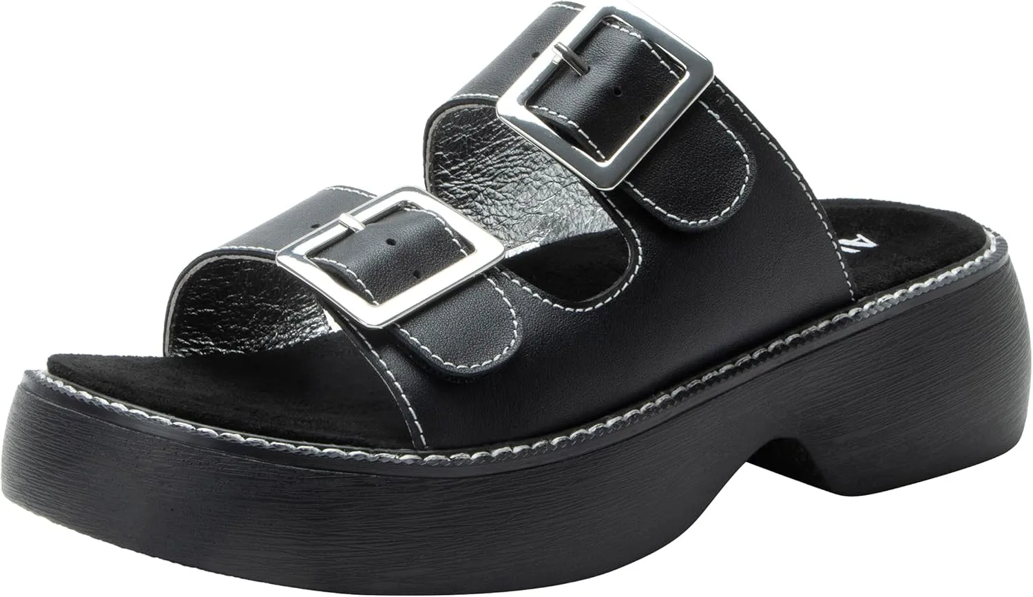 Alegria Women Iza Platform Buckle Leather Double Strap Slide