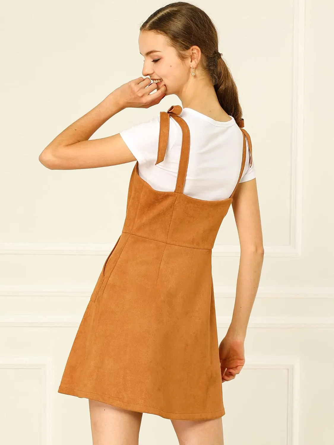 Allegra K Women's Casual Overall Dress Button Down Pockets Sleeveless Faux Suede Pinafore Dress