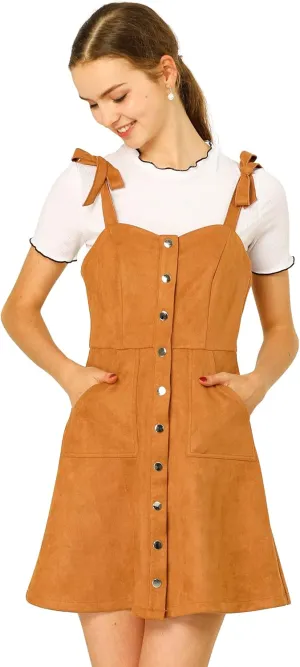 Allegra K Women's Casual Overall Dress Button Down Pockets Sleeveless Faux Suede Pinafore Dress