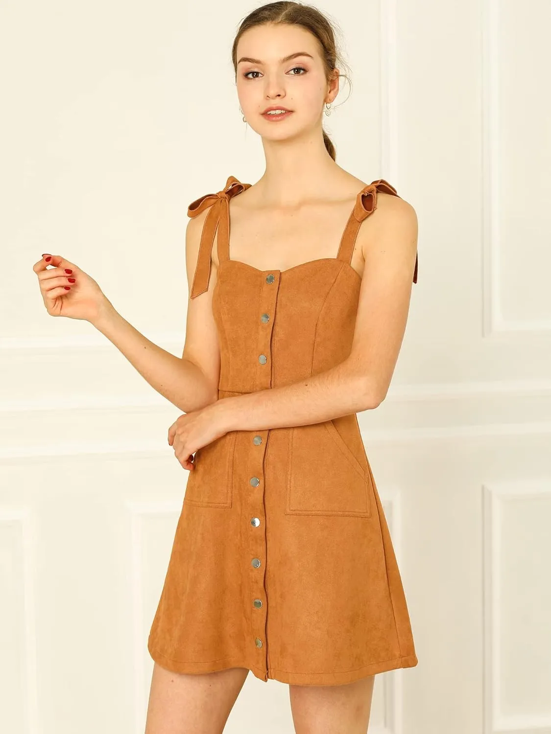 Allegra K Women's Casual Overall Dress Button Down Pockets Sleeveless Faux Suede Pinafore Dress
