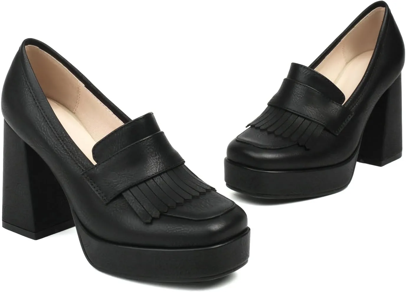 Alsoloveu Women's Platform High Heel Loafers Square Toe Chunky Heels Slip On Pump Shoes with Tassel Decor