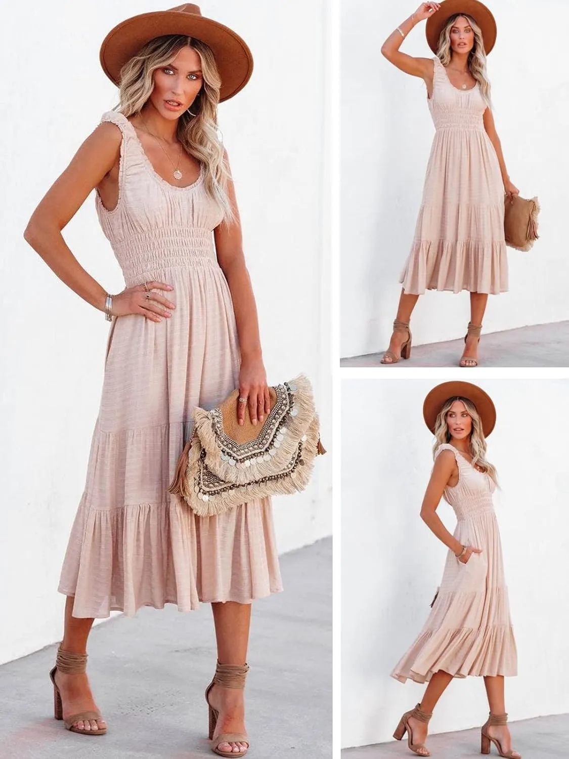 AlvaQ Women Summer Dresses Sleeveless Smocked Midi Dress High Waist Casual Tiered A Line Sundress with Pockets
