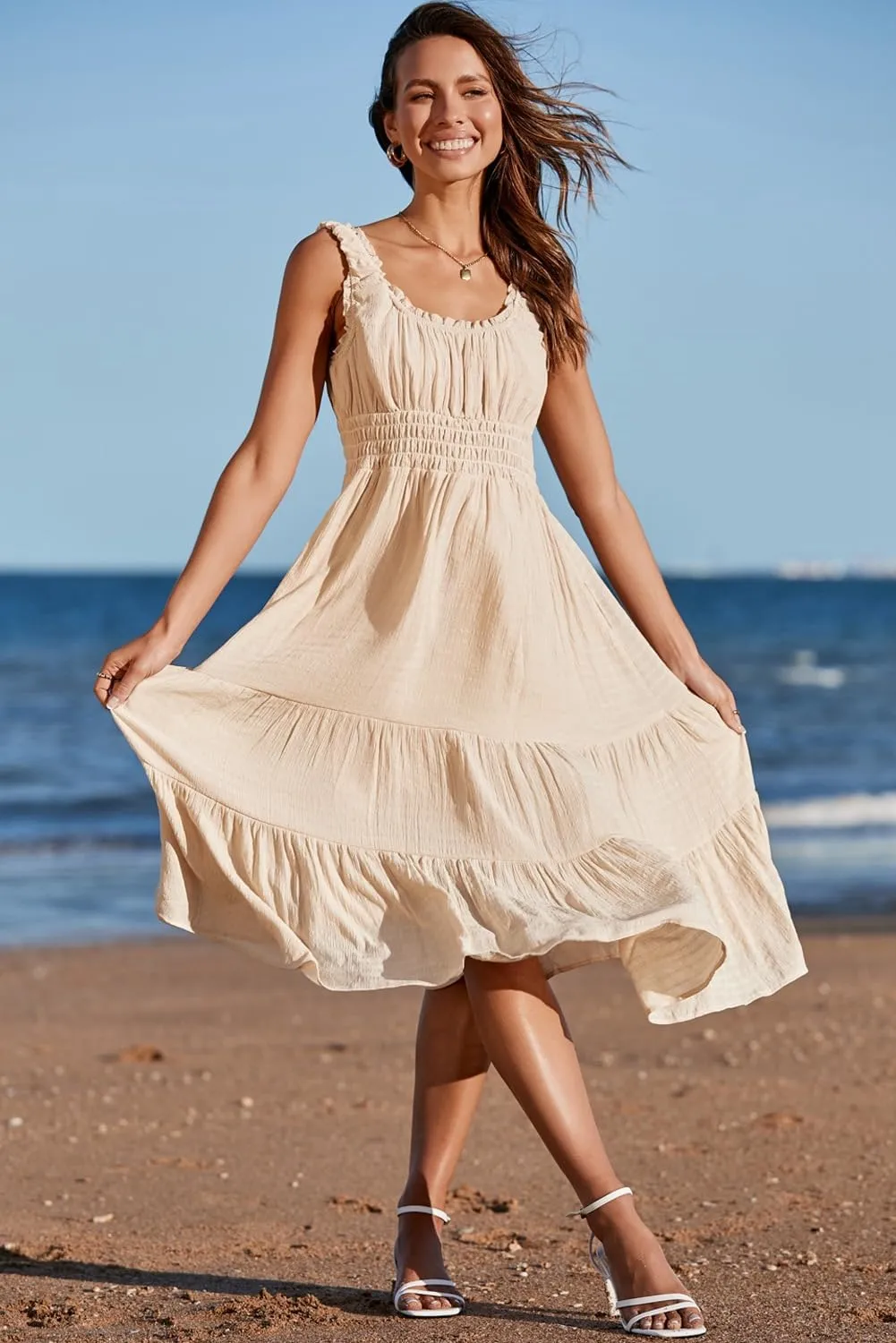 AlvaQ Women Summer Dresses Sleeveless Smocked Midi Dress High Waist Casual Tiered A Line Sundress with Pockets