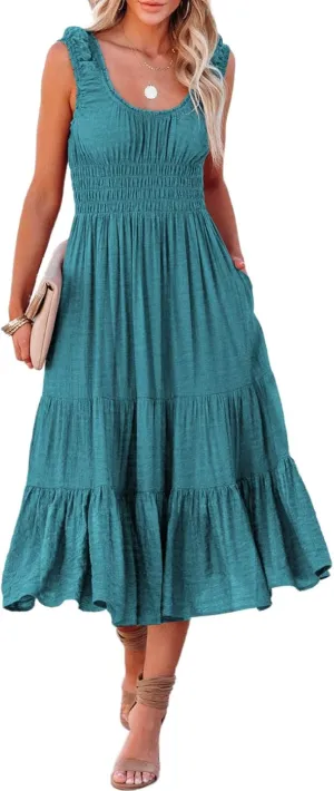 AlvaQ Women Summer Dresses Sleeveless Smocked Midi Dress High Waist Casual Tiered A Line Sundress with Pockets
