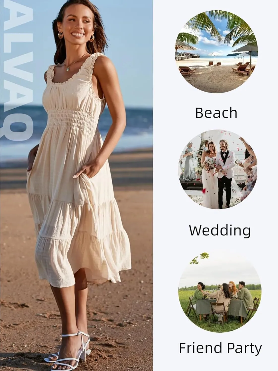 AlvaQ Women Summer Dresses Sleeveless Smocked Midi Dress High Waist Casual Tiered A Line Sundress with Pockets