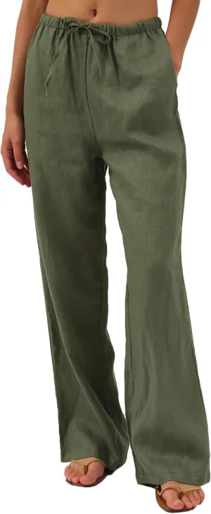 Amazhiyu Womens Pure Linen Summer Drawstring Flowy Wide Leg Pants with Pockets