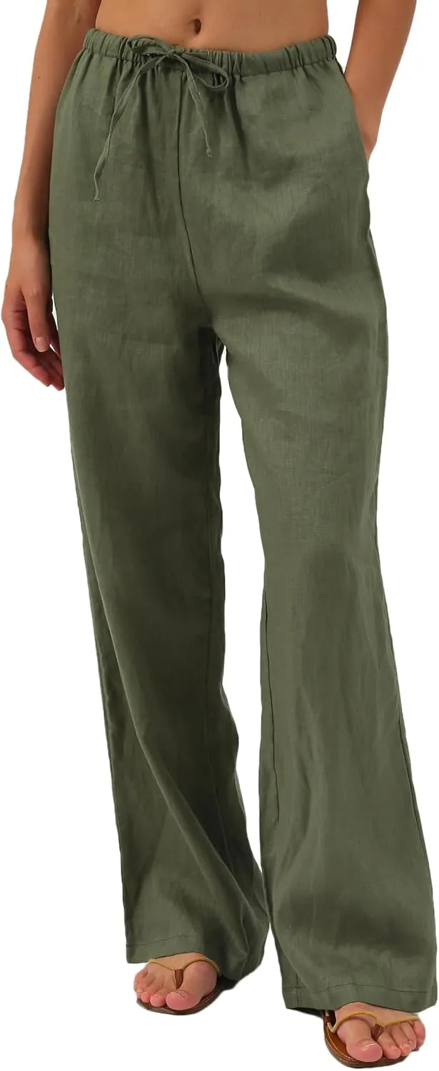 Amazhiyu Womens Pure Linen Summer Drawstring Flowy Wide Leg Pants with Pockets