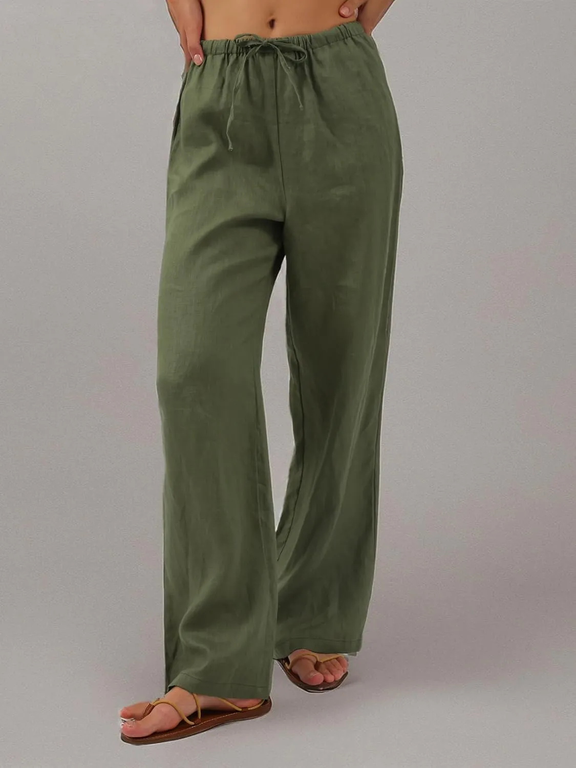 Amazhiyu Womens Pure Linen Summer Drawstring Flowy Wide Leg Pants with Pockets