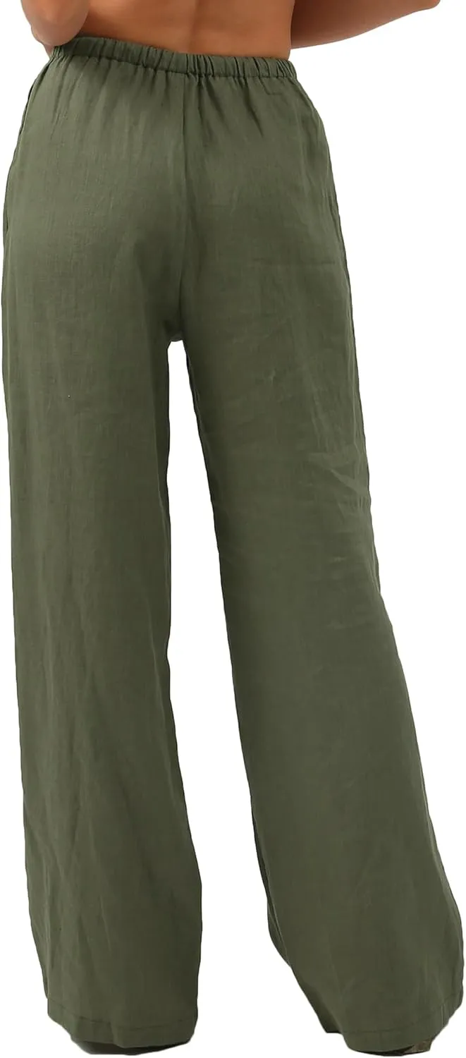 Amazhiyu Womens Pure Linen Summer Drawstring Flowy Wide Leg Pants with Pockets