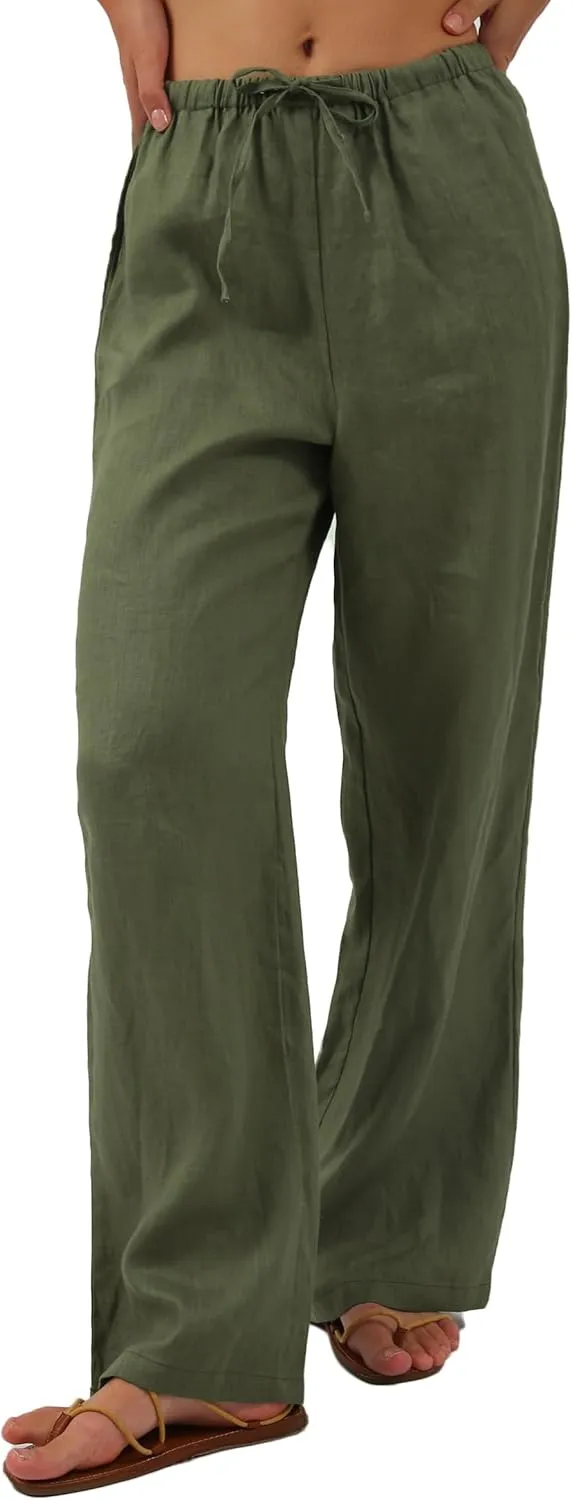 Amazhiyu Womens Pure Linen Summer Drawstring Flowy Wide Leg Pants with Pockets