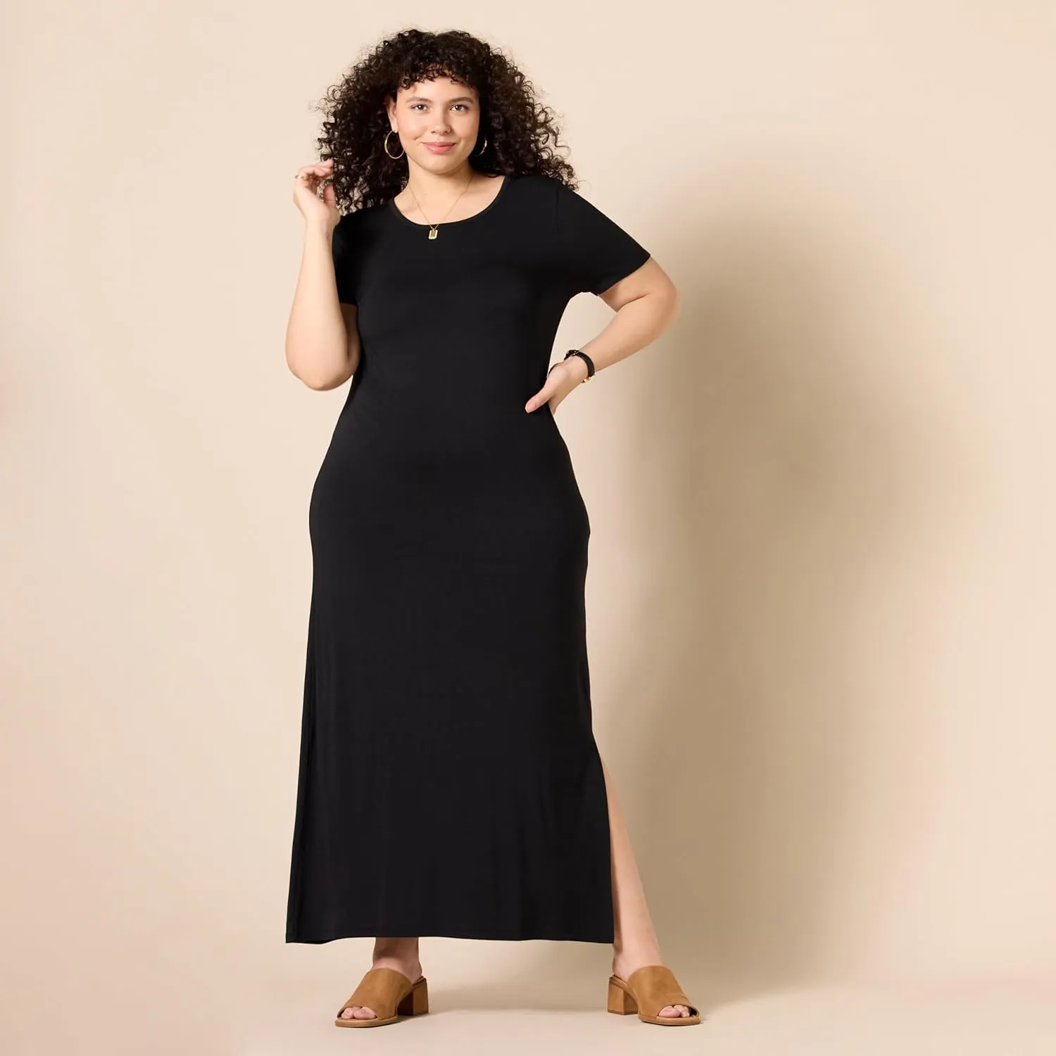 Amazon Essentials Women's Jersey Standard-Fit Short-Sleeve Crewneck Side Slit Maxi Dress (Previously Daily Ritual)