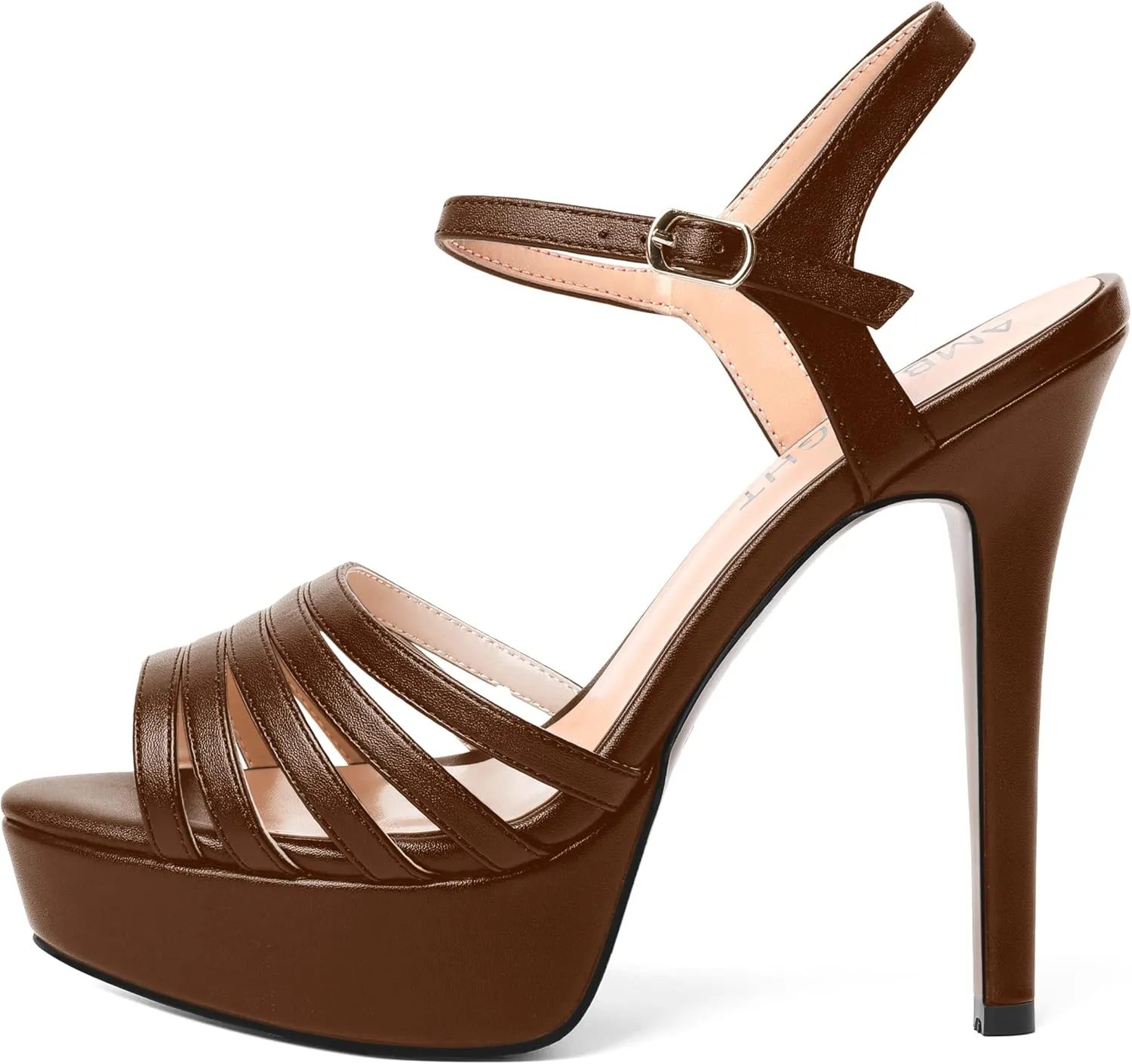 AMBELIGHT Womens Matte Buckle Ankle Strap Night Club Fashion Open Toe Heels Stiletto High Heel Sandals 5 Inch
