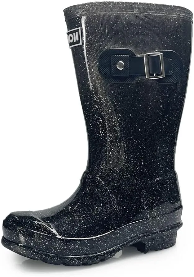 Amoji Girl Glitter Rain Boots Youth Rubber Boots Children Outdoor Waterproof Boots Black 3-4 Big Kid