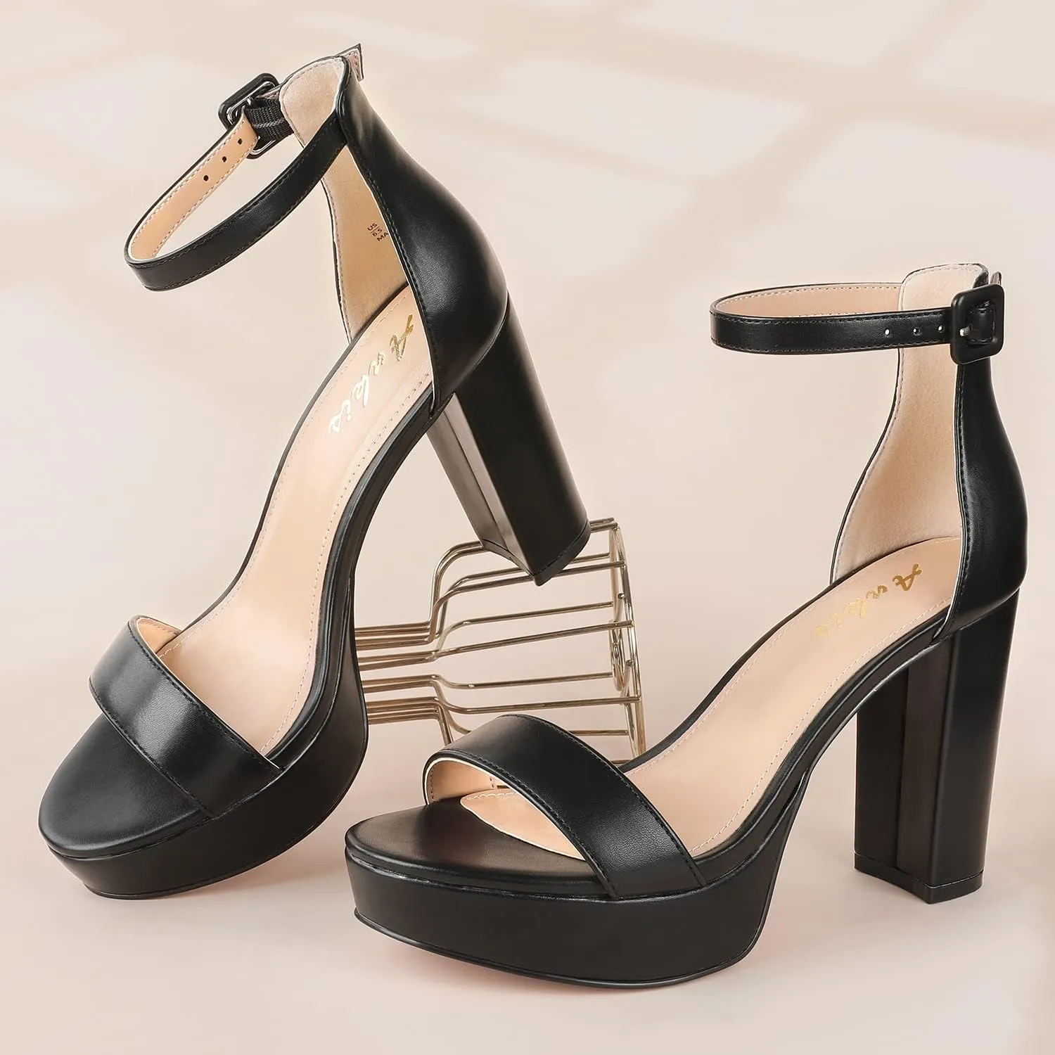 Ankis Chunky Platform Heels - 4 Inch Block Heeled Sandals for Women - Comfortable Open Toe Strappy Heels - Black, Nude, White, Silver, Gold - Summer Dress Shoes