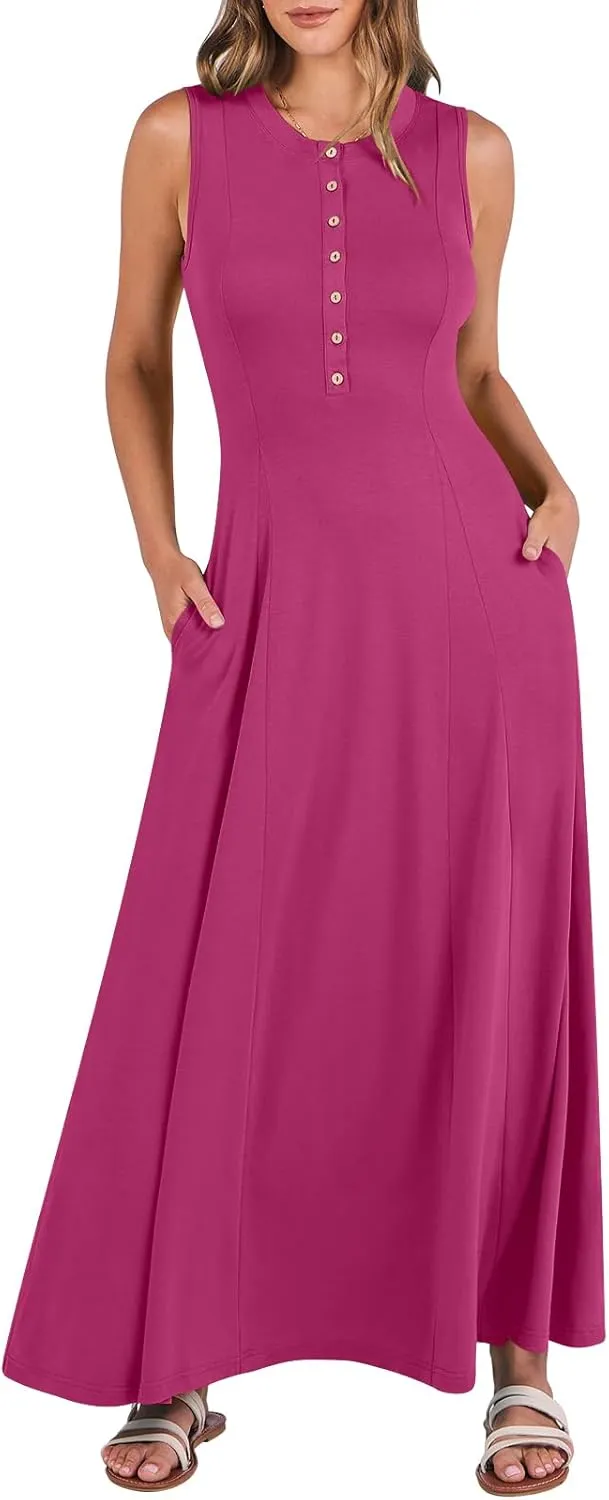 ANRABESS Women Summer Casual Sleeveless Maxi Sundress Button Fit & Flare A-Line Flowy Long Dresses 2025 Beach Outfits