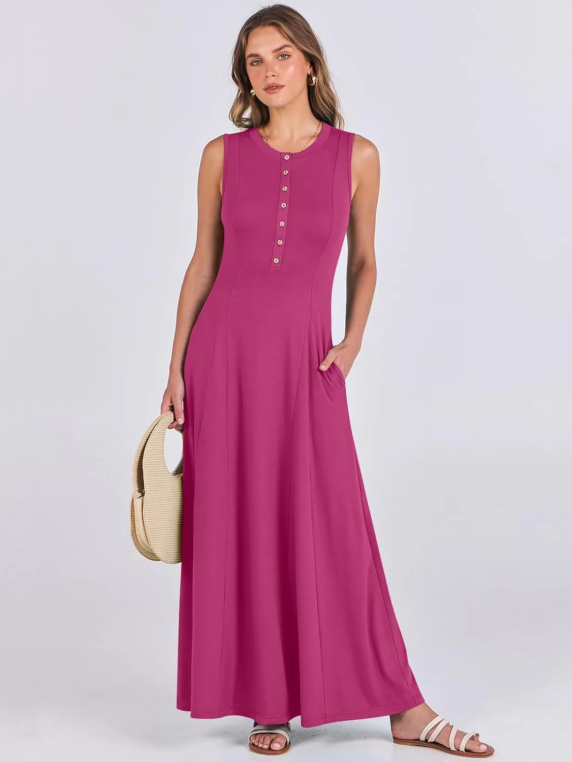 ANRABESS Women Summer Casual Sleeveless Maxi Sundress Button Fit & Flare A-Line Flowy Long Dresses 2025 Beach Outfits