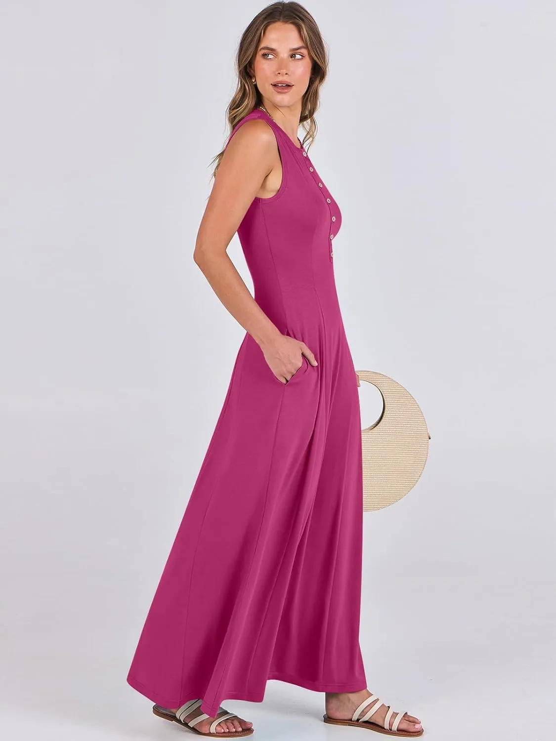 ANRABESS Women Summer Casual Sleeveless Maxi Sundress Button Fit & Flare A-Line Flowy Long Dresses 2025 Beach Outfits