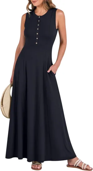 ANRABESS Women Summer Casual Sleeveless Maxi Sundress Button Fit & Flare A-Line Flowy Long Dresses 2025 Beach Outfits