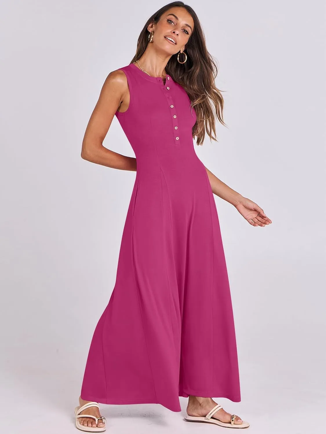 ANRABESS Women Summer Casual Sleeveless Maxi Sundress Button Fit & Flare A-Line Flowy Long Dresses 2025 Beach Outfits