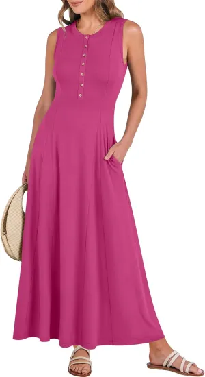 ANRABESS Women Summer Casual Sleeveless Maxi Sundress Button Fit & Flare A-Line Flowy Long Dresses 2025 Beach Outfits