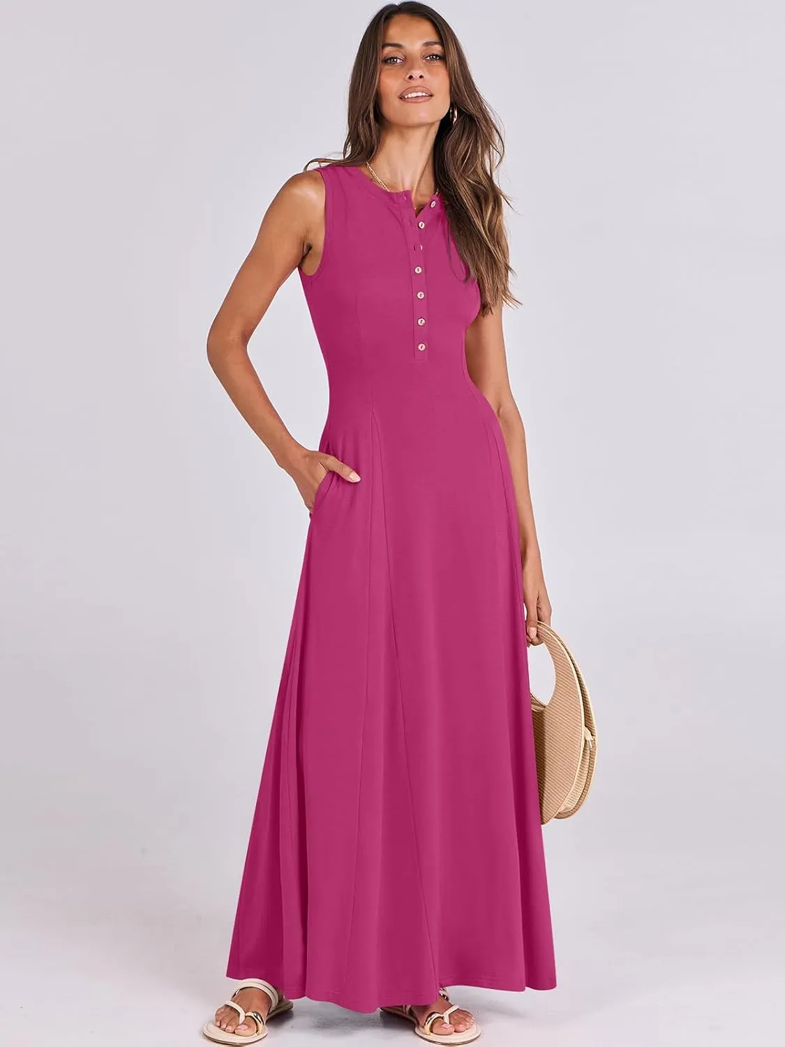 ANRABESS Women Summer Casual Sleeveless Maxi Sundress Button Fit & Flare A-Line Flowy Long Dresses 2025 Beach Outfits