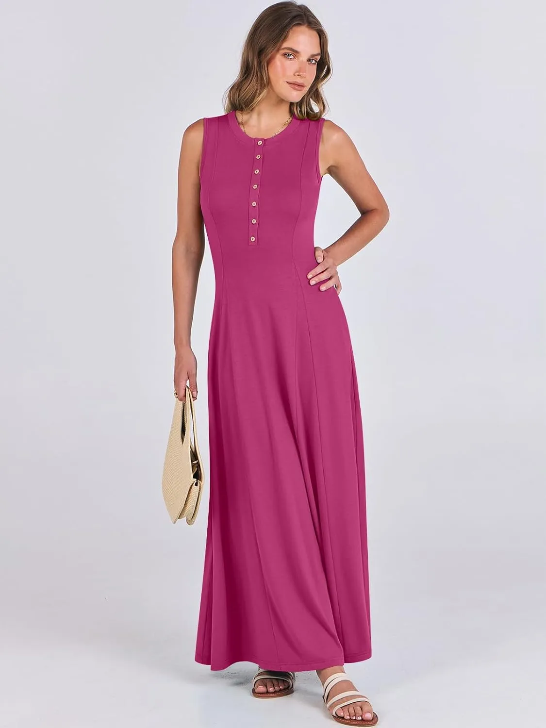 ANRABESS Women Summer Casual Sleeveless Maxi Sundress Button Fit & Flare A-Line Flowy Long Dresses 2025 Beach Outfits