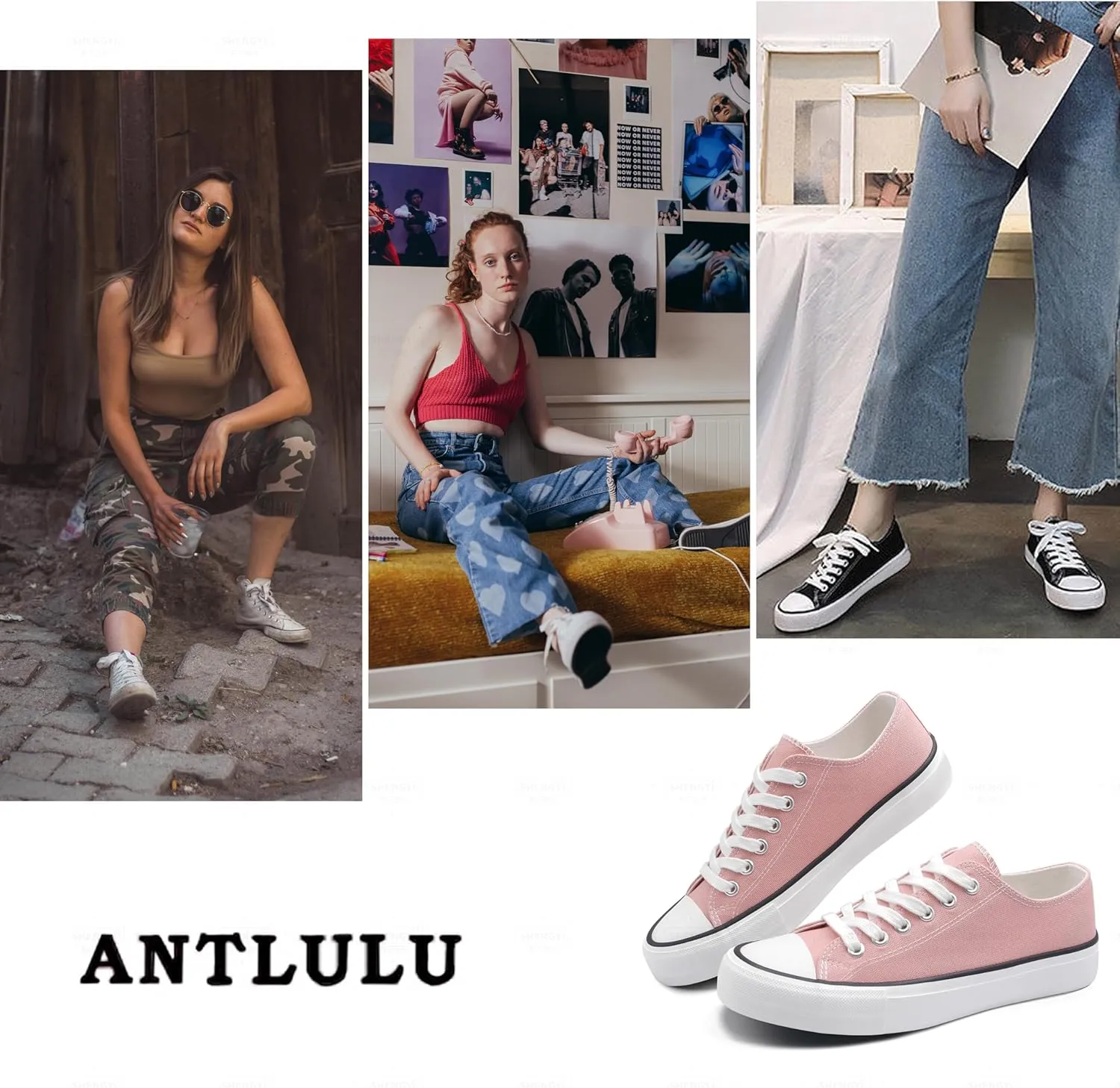 ANTLULU Womens Canvas Shoes Low Top and Lace up Fashion Casual Sneakers Black and White Classic