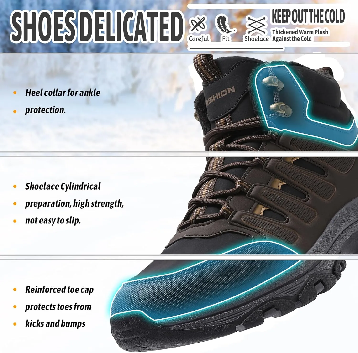 ASHION Mens Snow Boots Barefoot Winter Shoes Hiking Footwear Fur Lined Warm Ankle Boots Zero Drop Sole Comfortable Outdoor Walking Shoes Booties