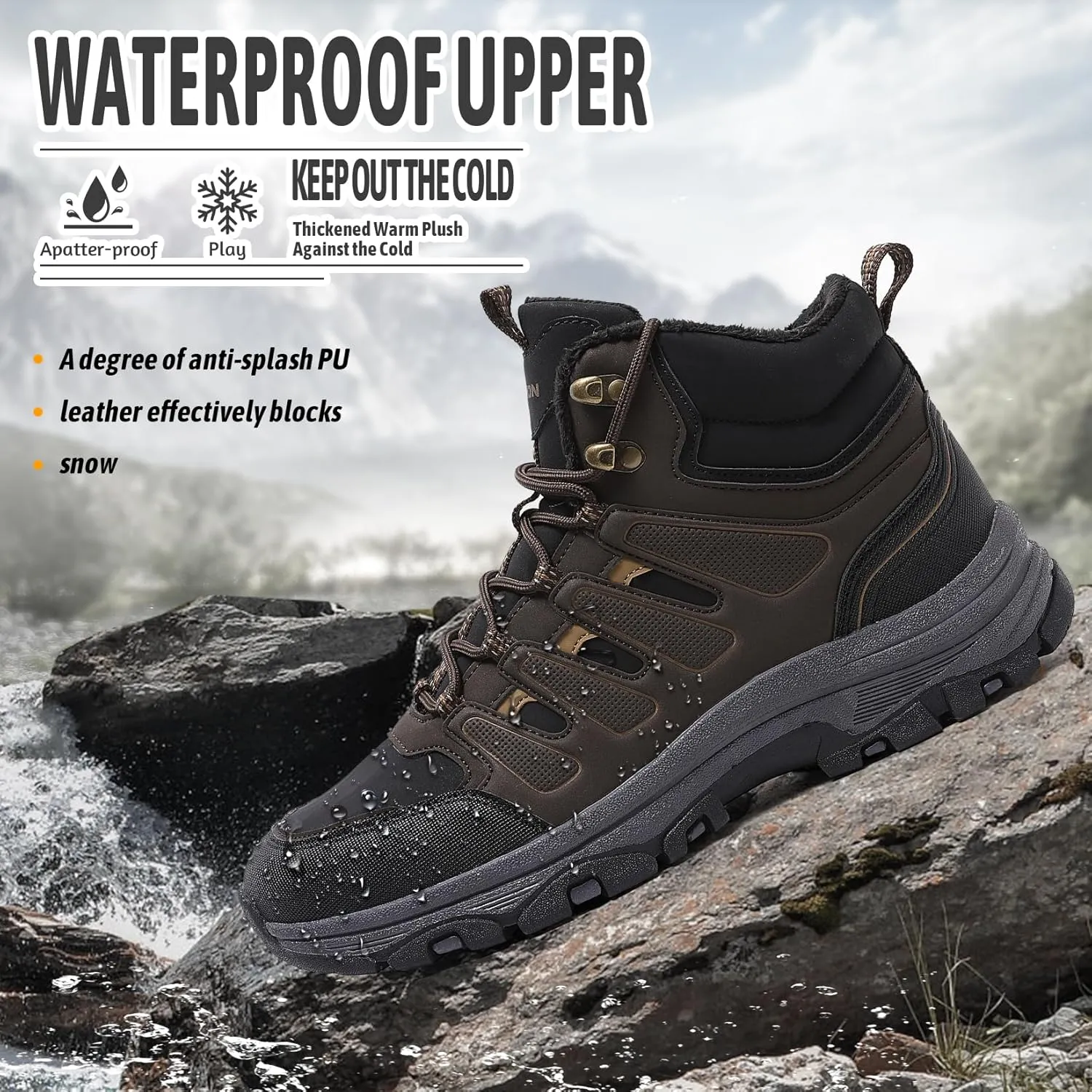 ASHION Mens Snow Boots Barefoot Winter Shoes Hiking Footwear Fur Lined Warm Ankle Boots Zero Drop Sole Comfortable Outdoor Walking Shoes Booties