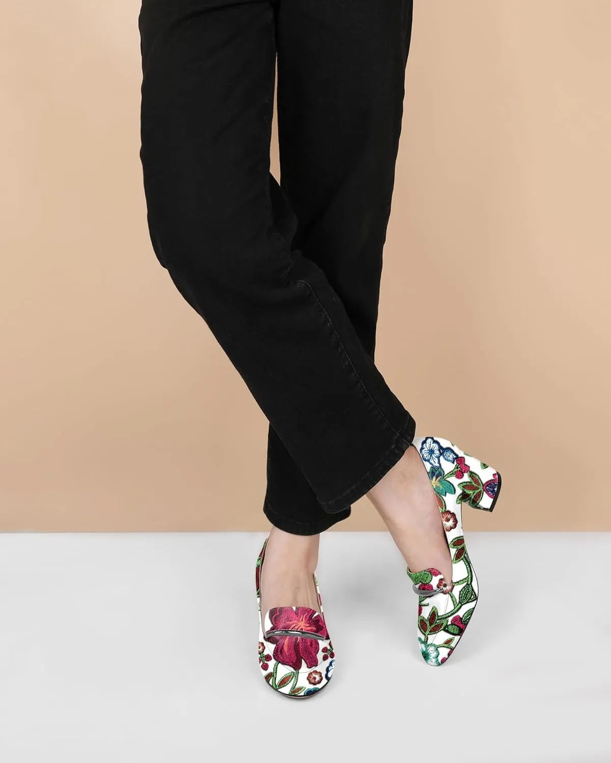 AUMOTED Heeled Loafers for Women Block Heel Loafers Comfortable Round Toe Chunky Pumps Women Work Low Heels Office Shoes 2.5 Inch