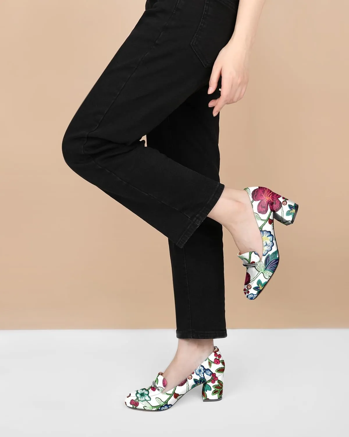 AUMOTED Heeled Loafers for Women Block Heel Loafers Comfortable Round Toe Chunky Pumps Women Work Low Heels Office Shoes 2.5 Inch