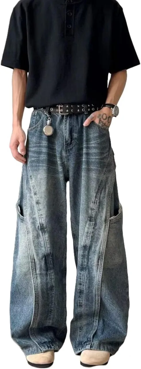 Baggy Barrel Jeans for Men Wide Leg Cargo Y2k Pants Loose Fit Hip Hop Jeans Denim Oversized Pants Straight Trousers