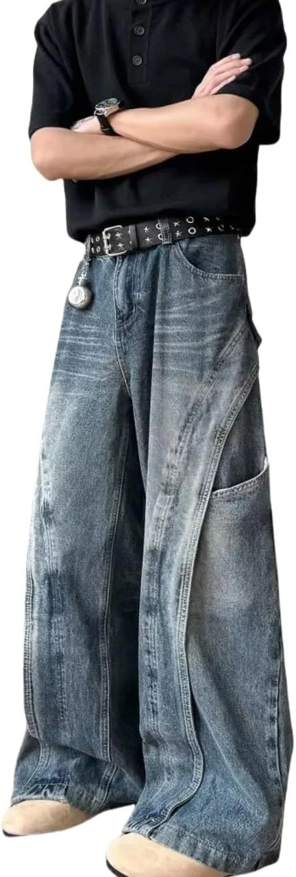 Baggy Barrel Jeans for Men Wide Leg Cargo Y2k Pants Loose Fit Hip Hop Jeans Denim Oversized Pants Straight Trousers