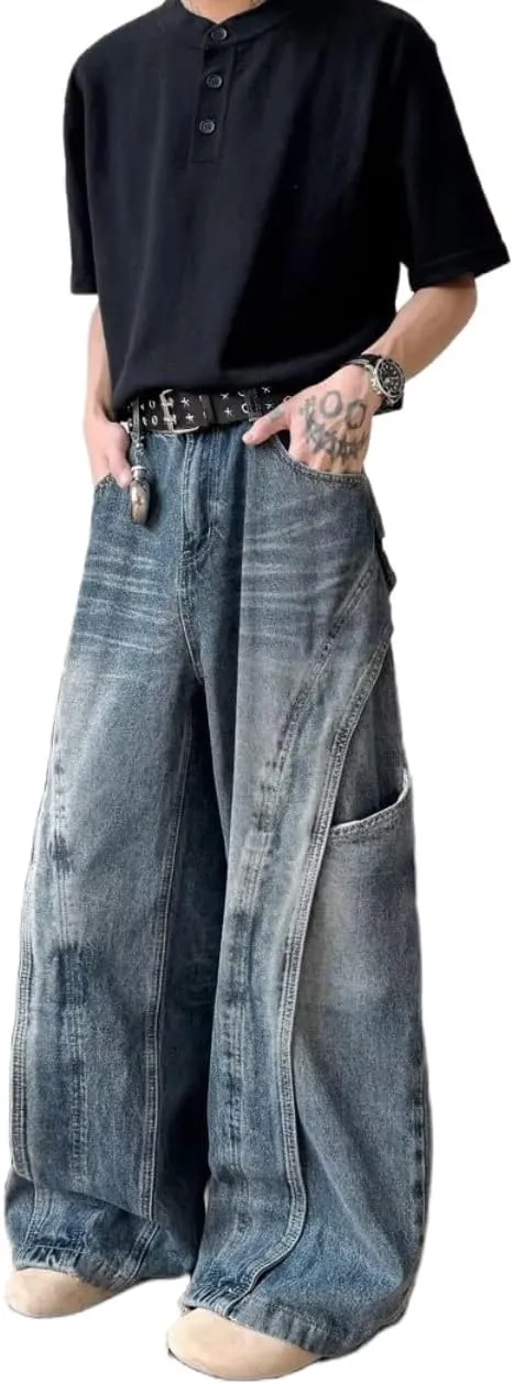 Baggy Barrel Jeans for Men Wide Leg Cargo Y2k Pants Loose Fit Hip Hop Jeans Denim Oversized Pants Straight Trousers
