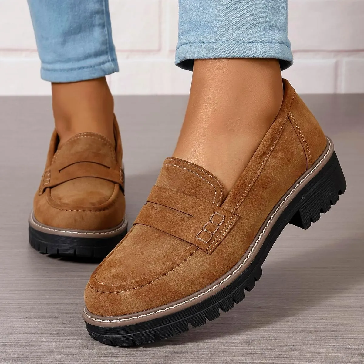 Bandkos Women's Platform Penny Loafers Slip On-Suede Chunky Dress Shoes Casual Business Oxford for Work