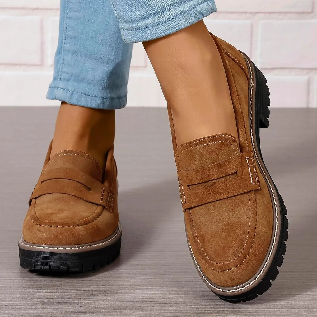 Bandkos Women's Platform Penny Loafers Slip On-Suede Chunky Dress Shoes Casual Business Oxford for Work