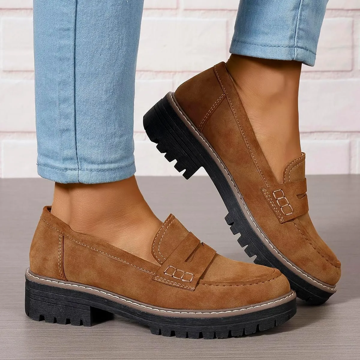 Bandkos Women's Platform Penny Loafers Slip On-Suede Chunky Dress Shoes Casual Business Oxford for Work